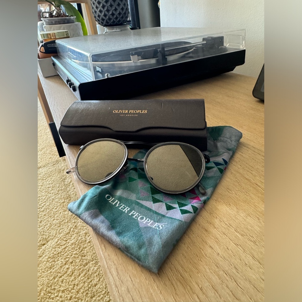 Oliver Peoples Round Sunglasses Black Silver Frame with Green Lenses